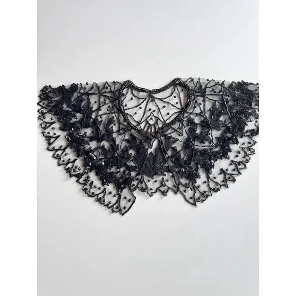 Vintage Black Beaded Sequin Embroidered Tulle Collar - Picture 6 of 14